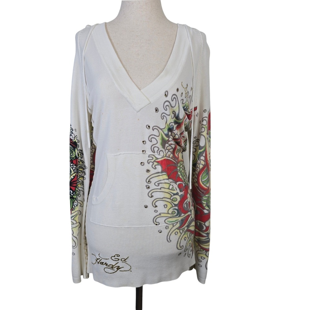 Ed Hardy Christian Audigier Tattoo Mermaid Graphic Hooded Sweater Large Y2K
